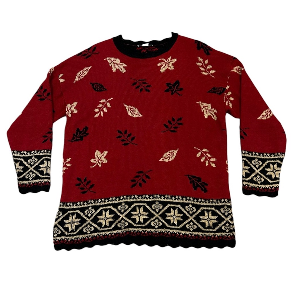 Vintage 90s Fall Autumn Thanksgiving Novelty Sweater Red w Black & Tan Leaves L
